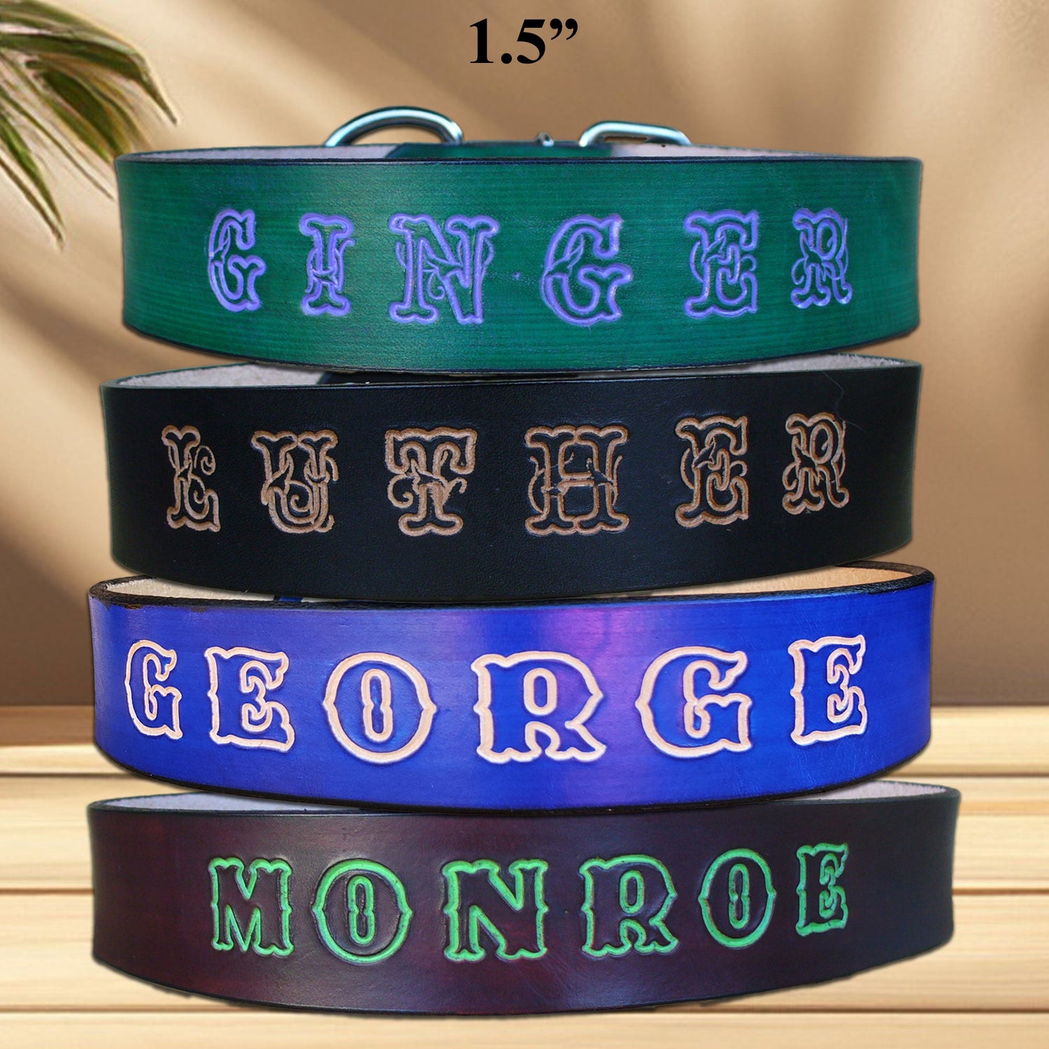 Personalized extra-large leather dog collars with a name, designed for strong, active large and extra-large dogs.