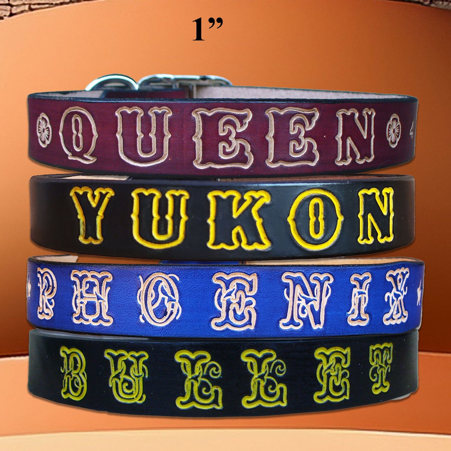 Close-up of a heavy-duty personalized leather dog collars for extra-large dogs, hand-stamped with a name and charms, made from vegetable-tanned leather.