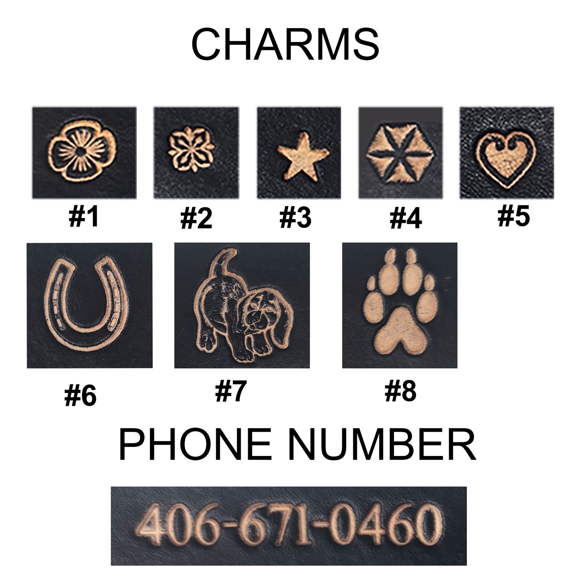 charms and phone number options for personalized leather dog collars 