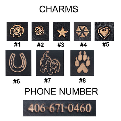 charms and phone number options for personalized leather dog collars 