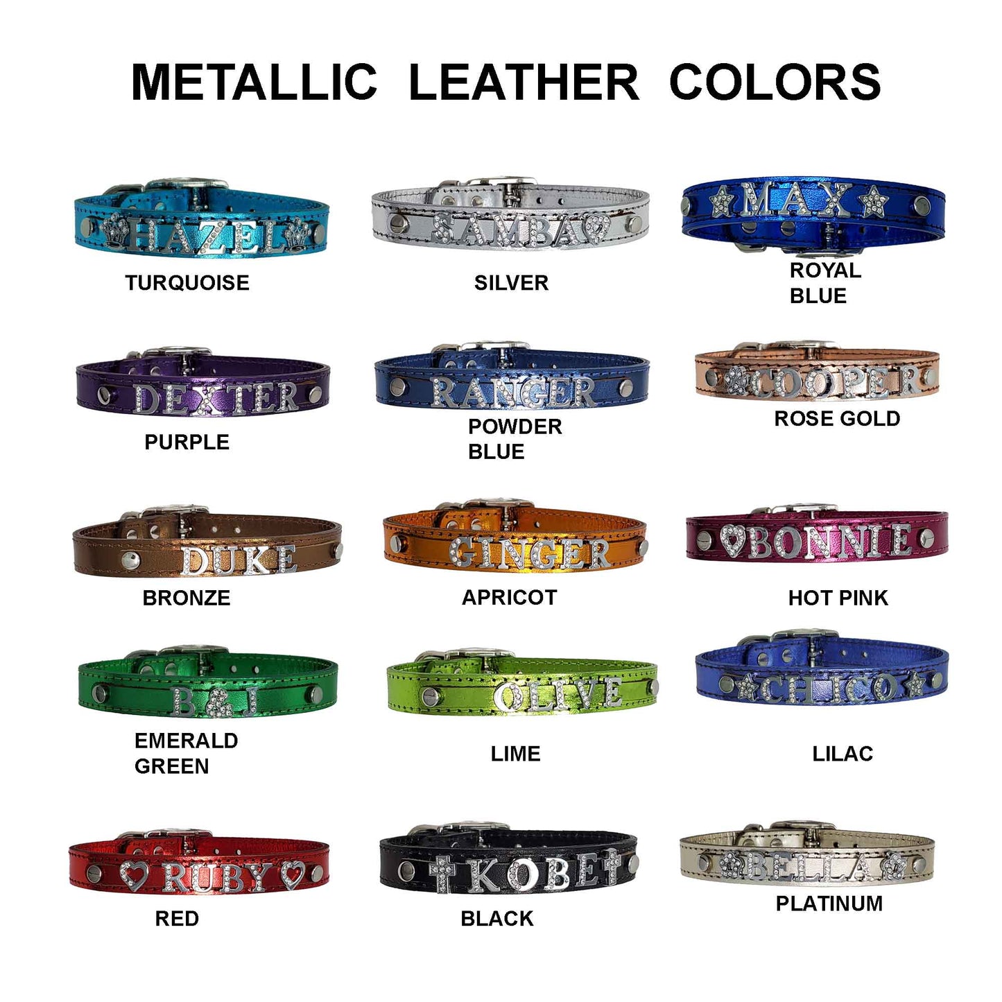 5/8" Metallic Leather Collar-Personalized with Name in Rhinestone Letters