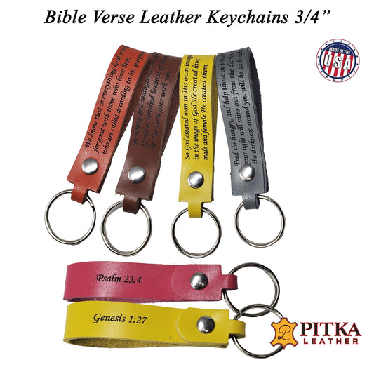 Christian  Laser engraved Leather keychains with reference numbers on the back side.