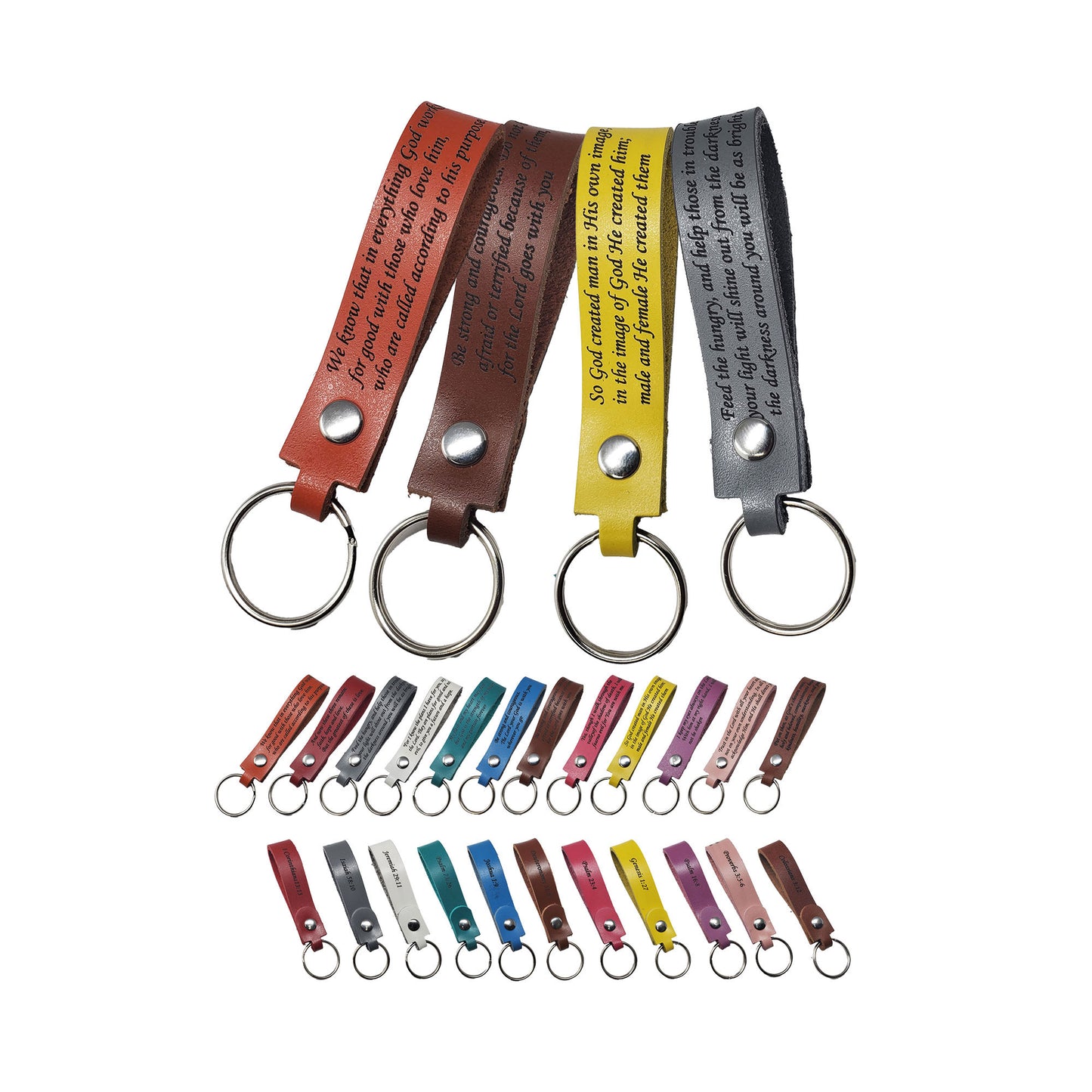 Inspirational leather keychains in 12 colors laser engraved.