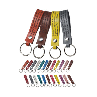 Inspirational leather keychains in 12 colors laser engraved.