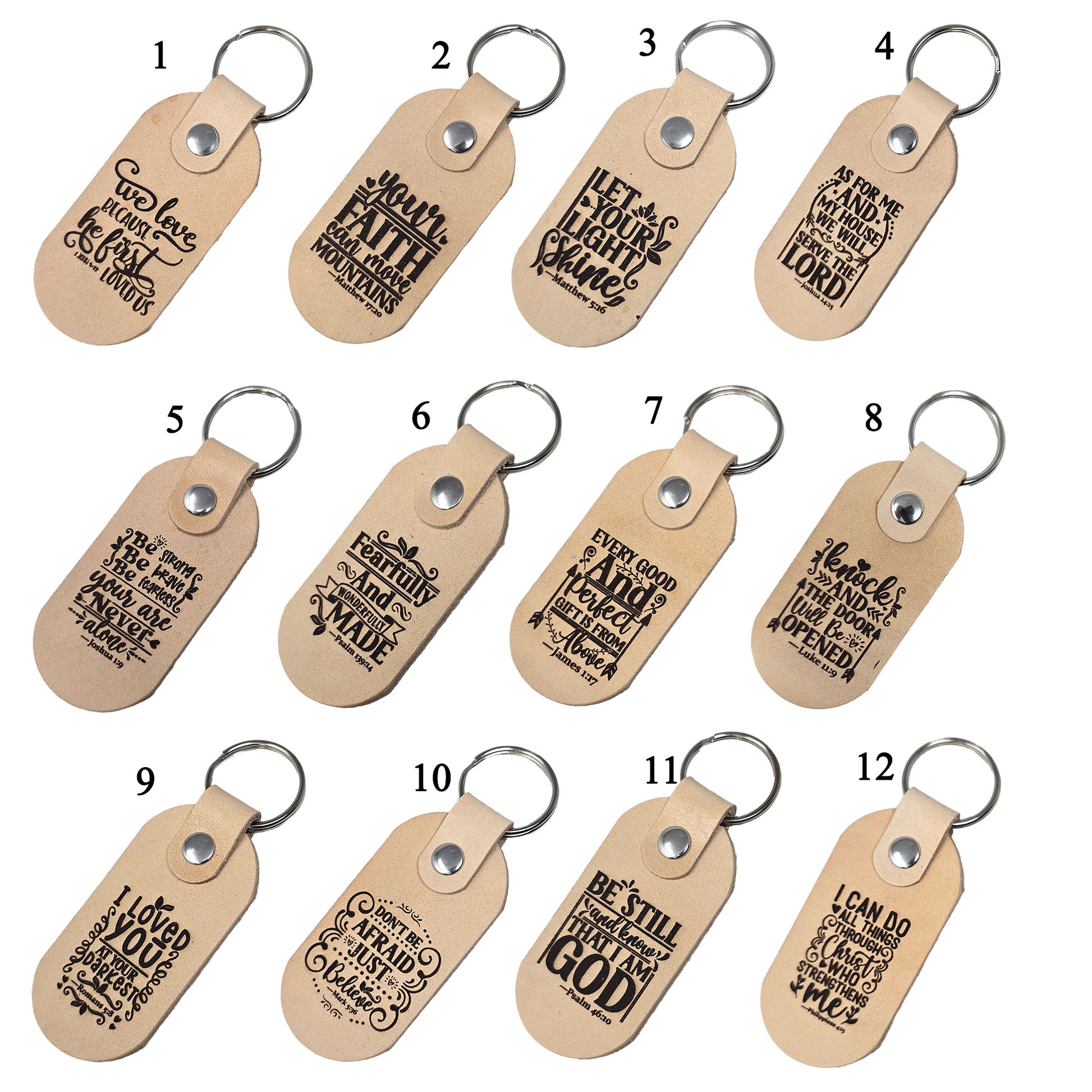 Bible verse leather keychains laser engraved with selected bible verses