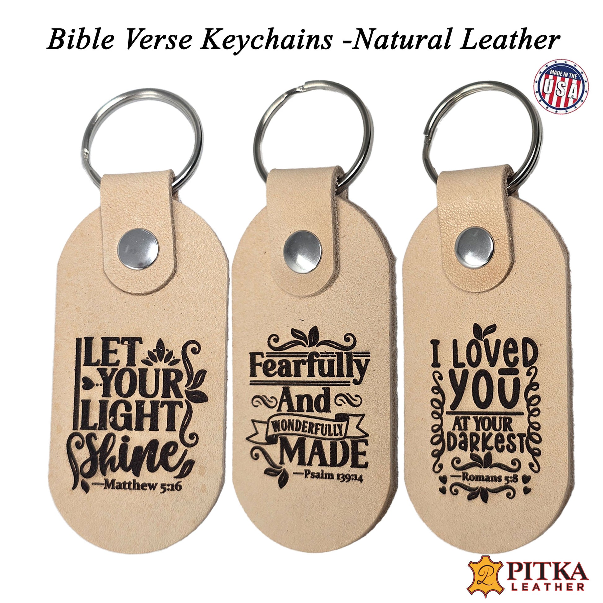 Oval shape natural leather keychains laser engraved with religious script