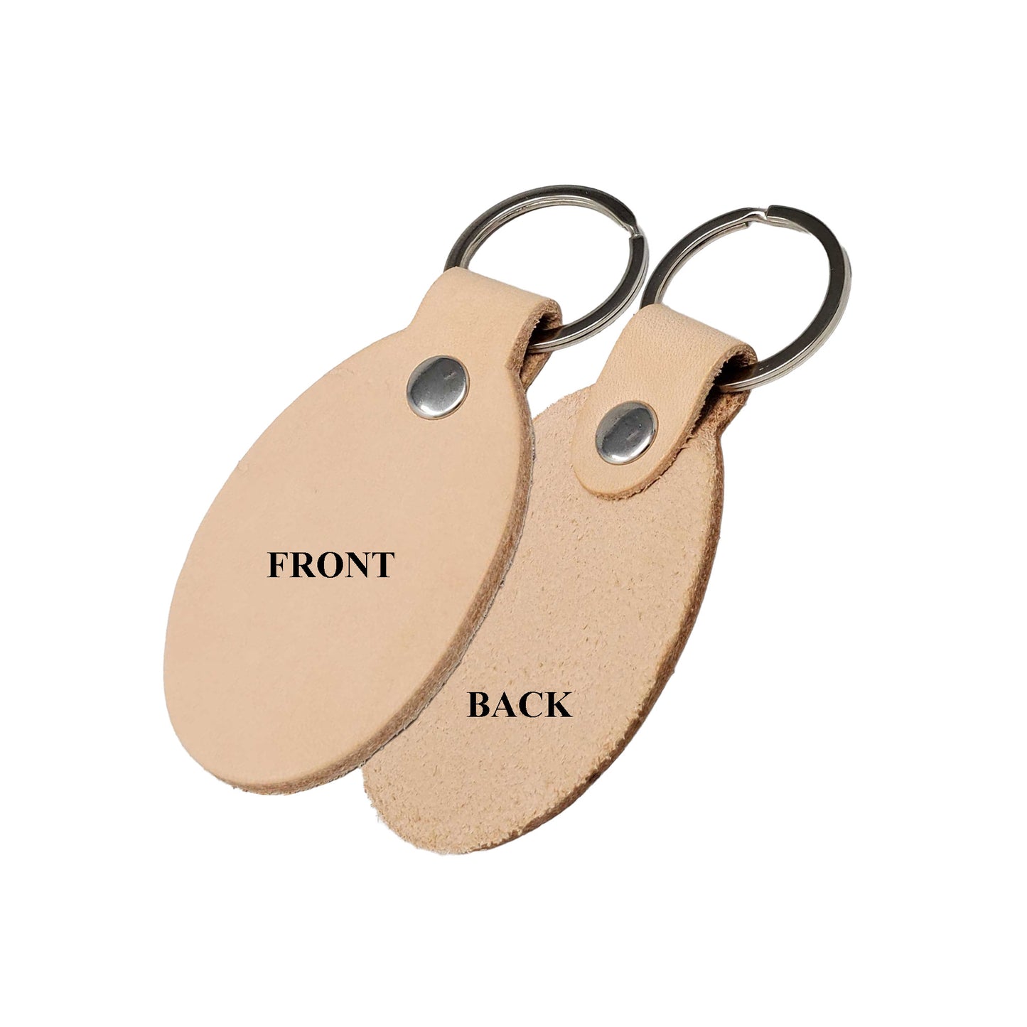 blank leather keychains close up front and back