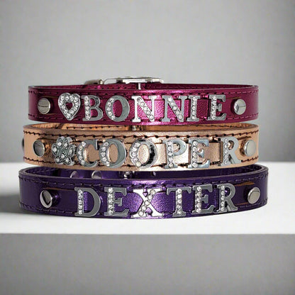 5/8" Metallic Leather Collar-Personalized with Name in Rhinestone Letters