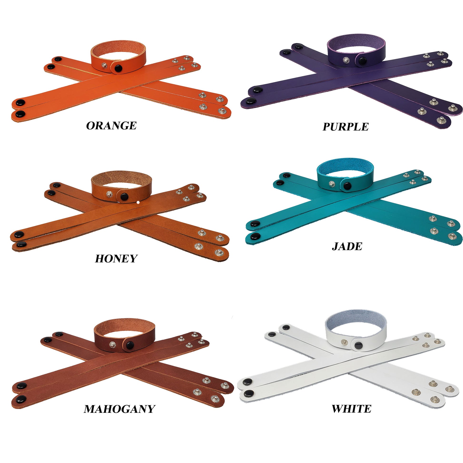 Adjustable leather wristbands 3/4 inch wide in various colors. The bracelets feature a smooth surface suitable for customization.