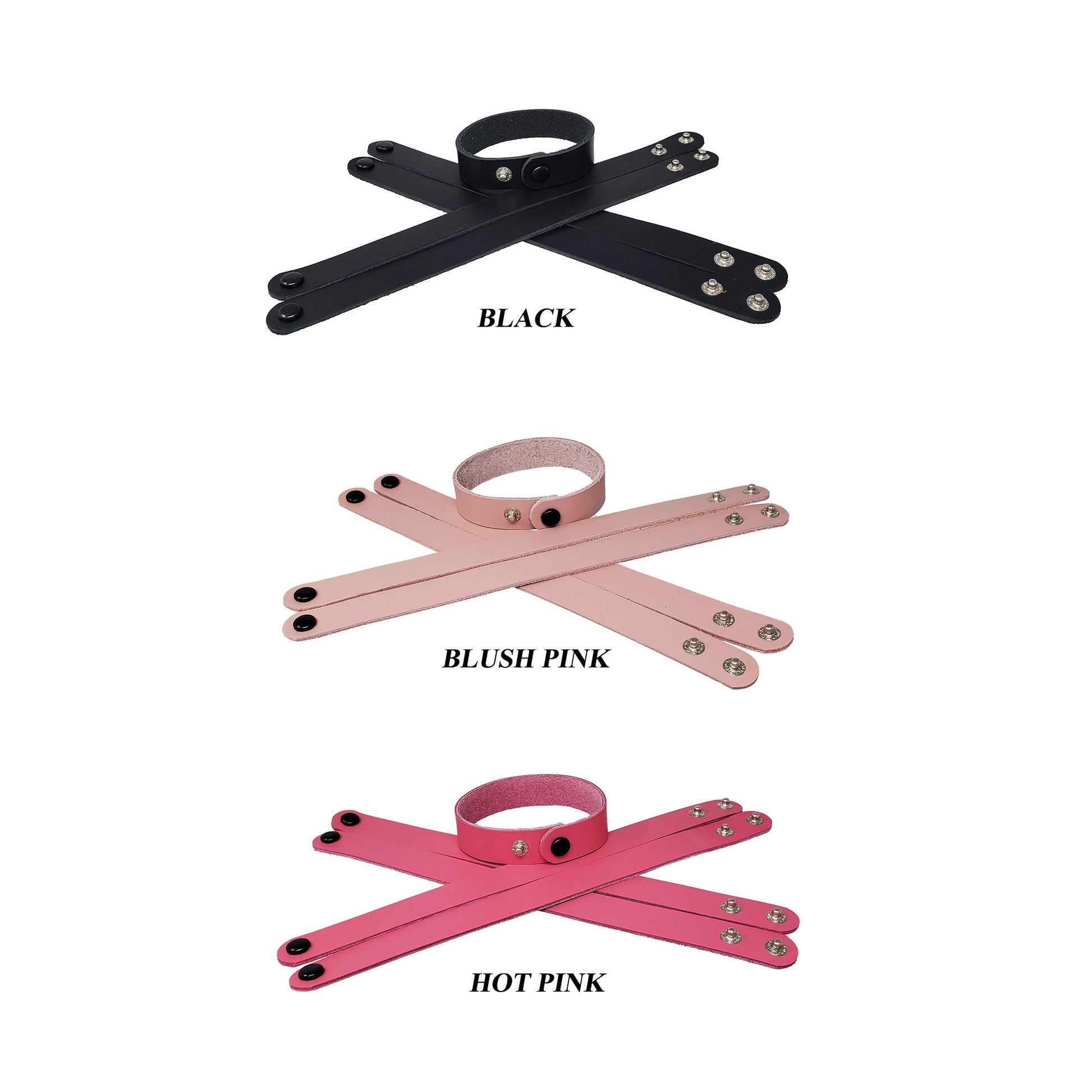 Adjustable leather bracelets, 3/4 inch wide in various colors. The bracelets feature a smooth surface great for customization.