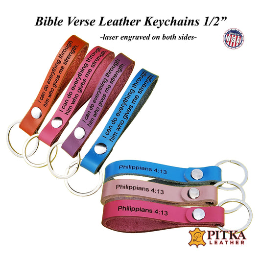 Bible verse leather keychains in 12 bright leather colors laser engraved on front and back