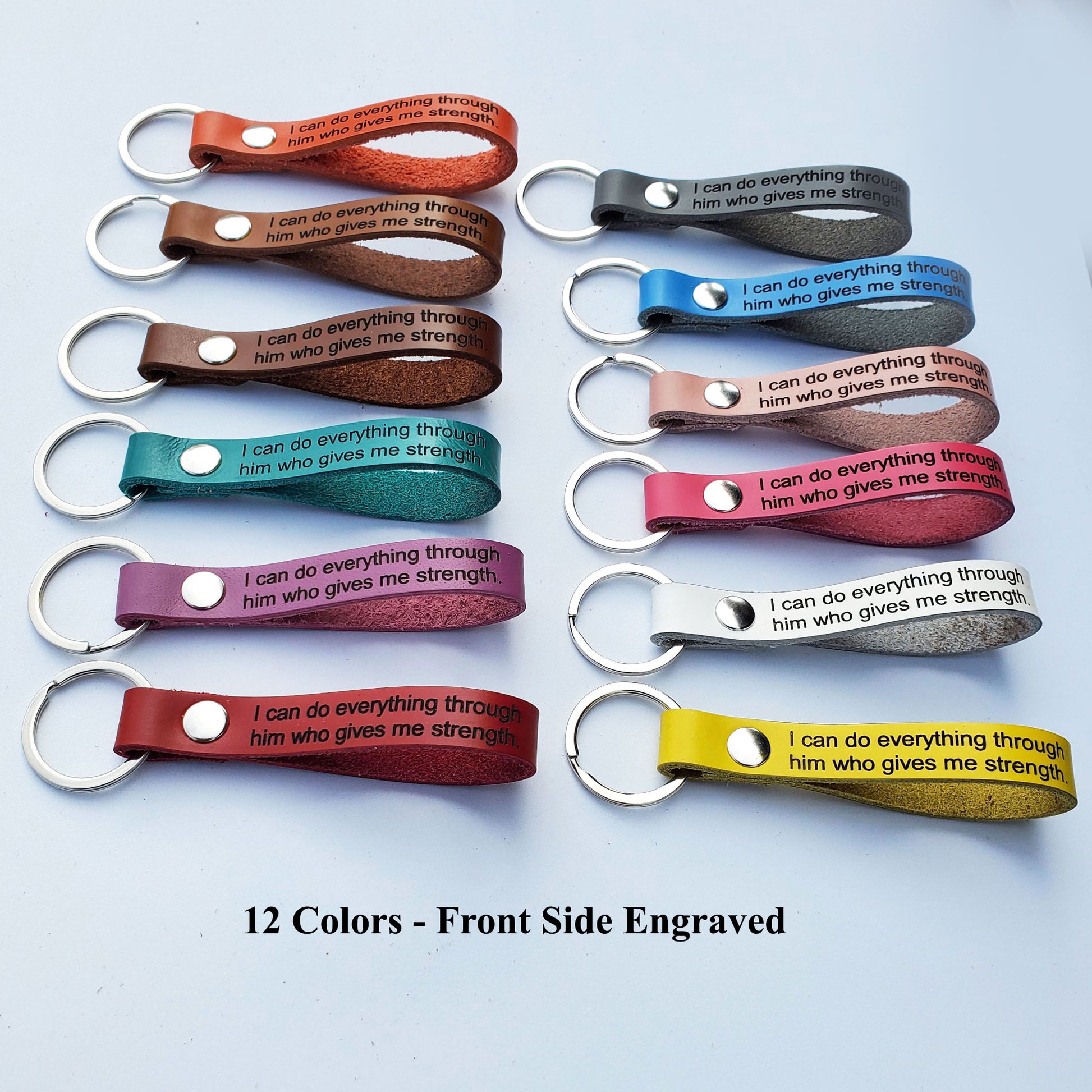 1/2" wide Leather keychains laser engraved vit Bible verse and reference number