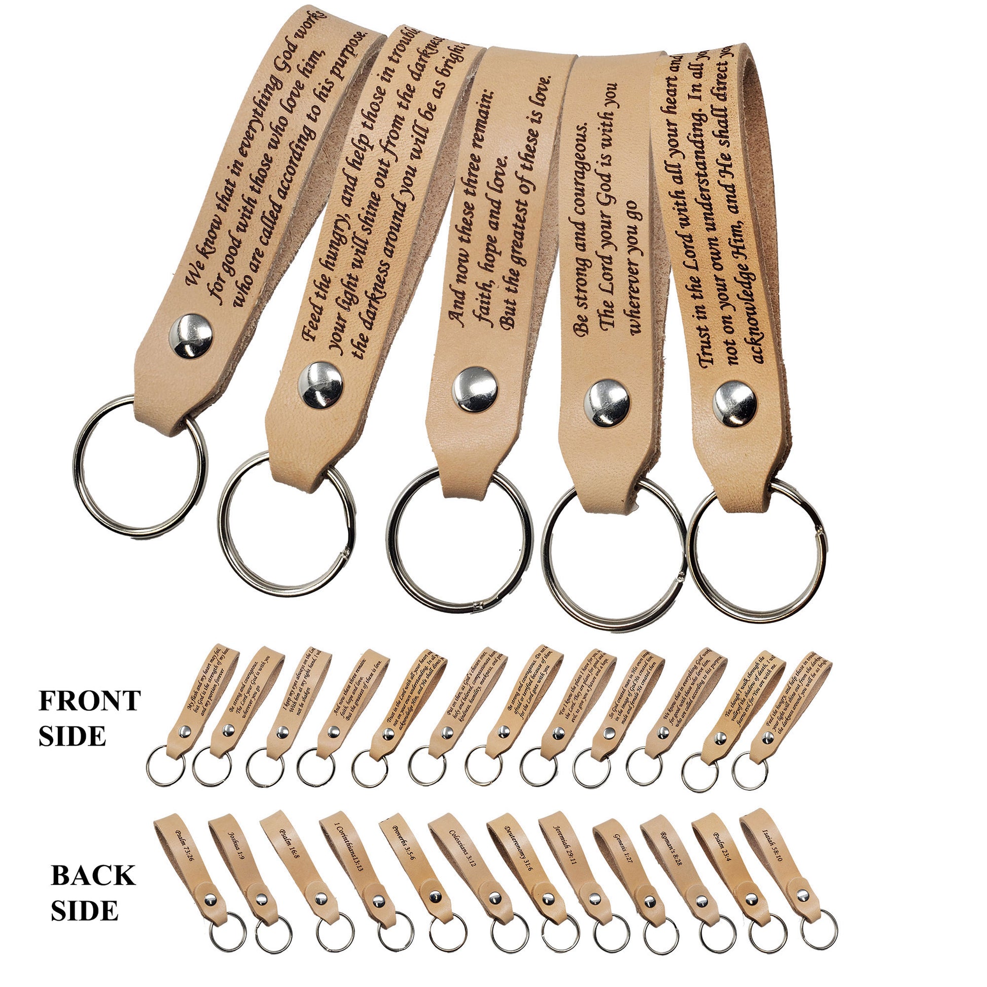 12 Pack Laser engraved Bible Verse leather keychains on front and back .