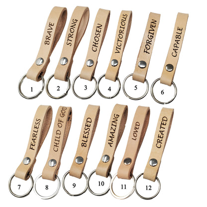 12 Uplifting words to choose from engraved on half inch keychains.