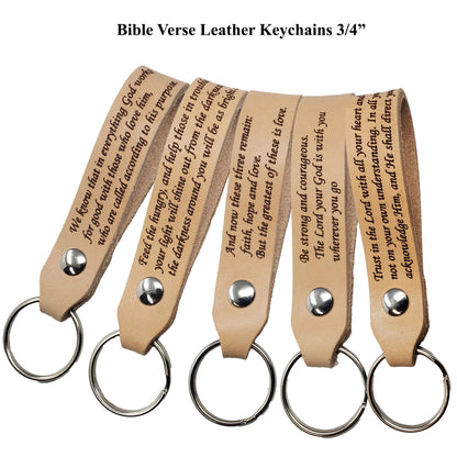 Bible Verse leather keychains made out of natural laser engraved on front and back