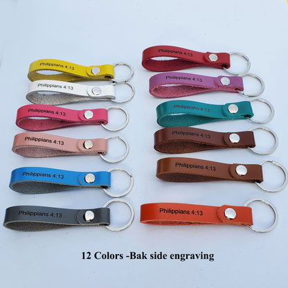 Bible verse keyrings back side engraved with reference number in 12 bright colors.