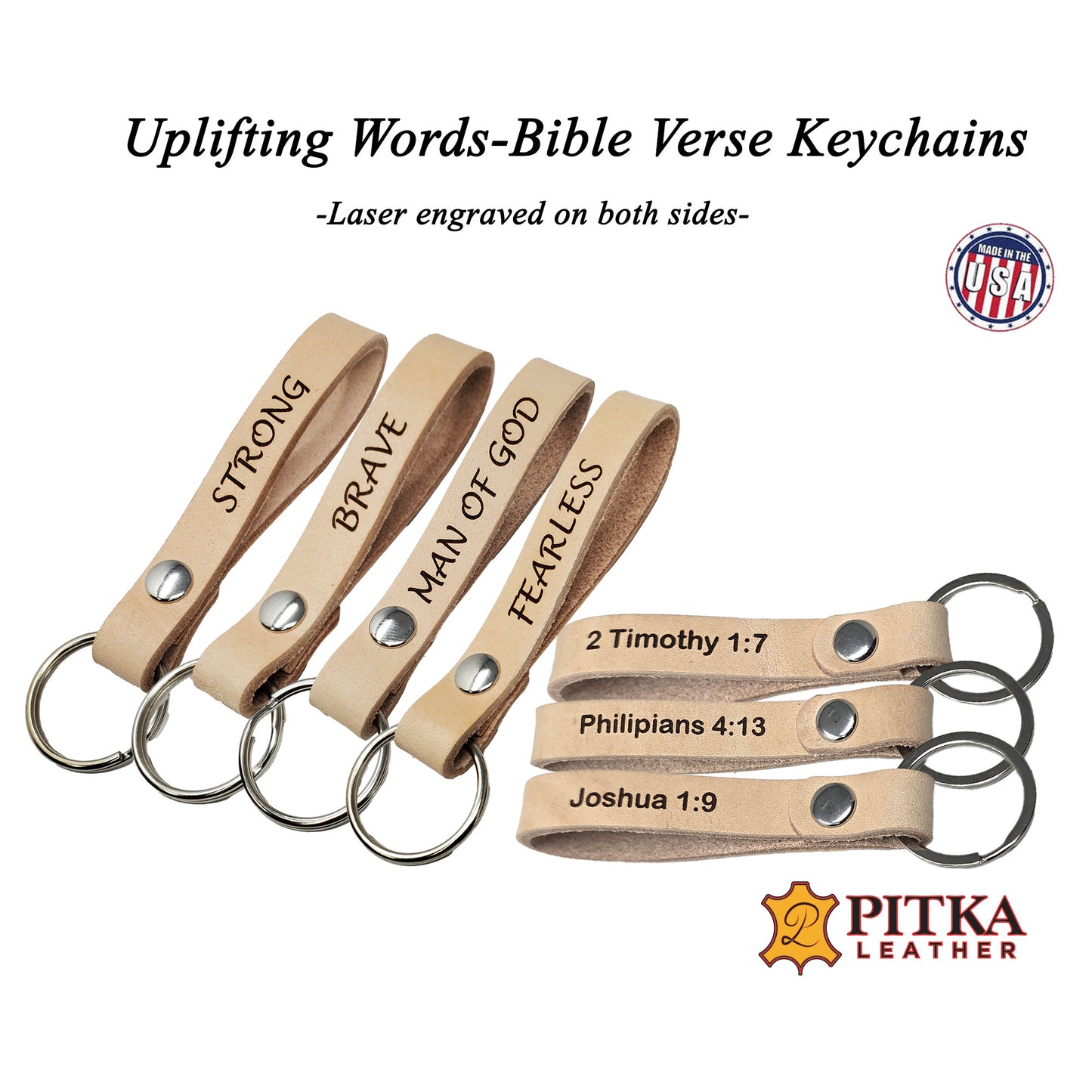 Half inch wide leather keyryng engraved with bible verse on both sides