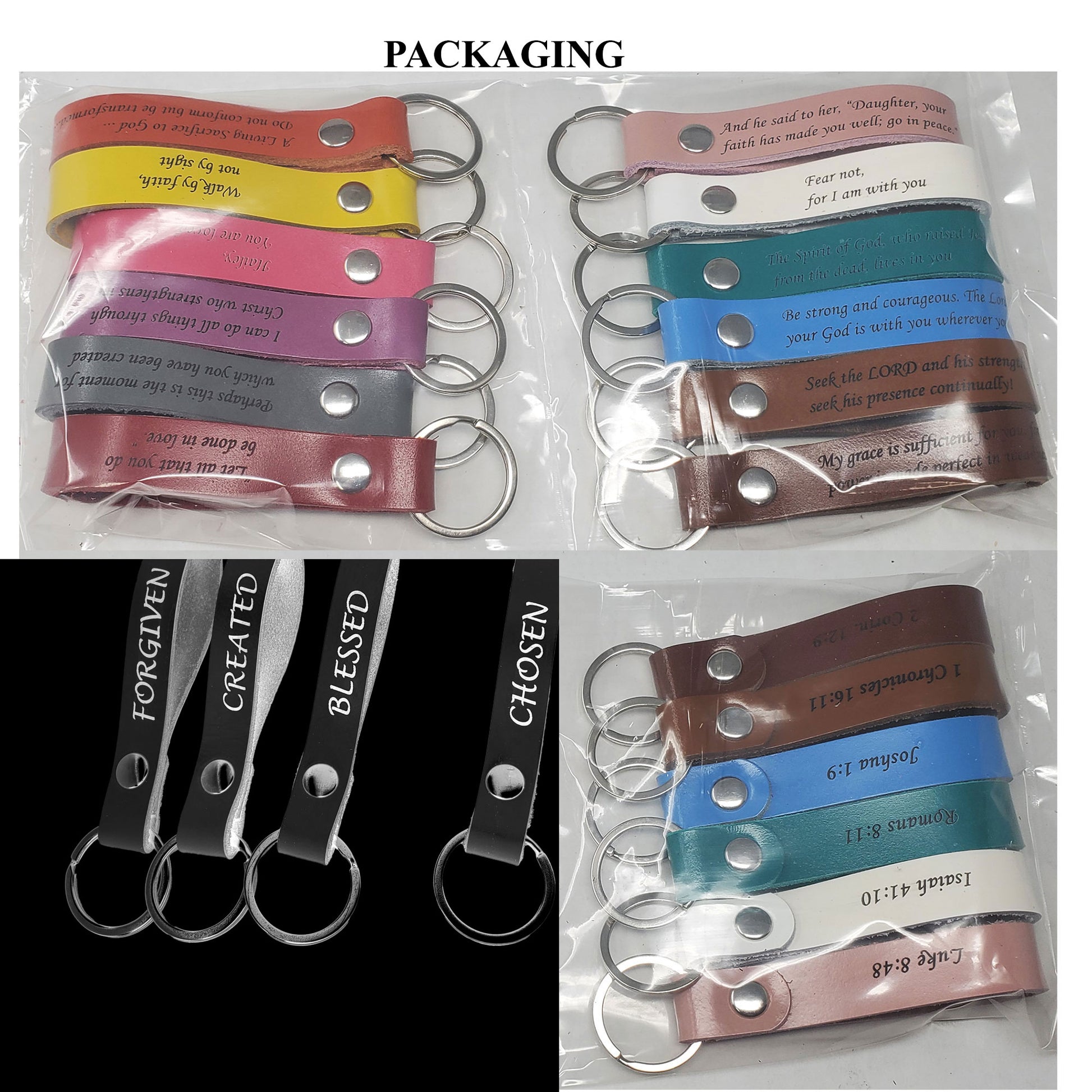 Packl of 12 Bible Verse leather keychains