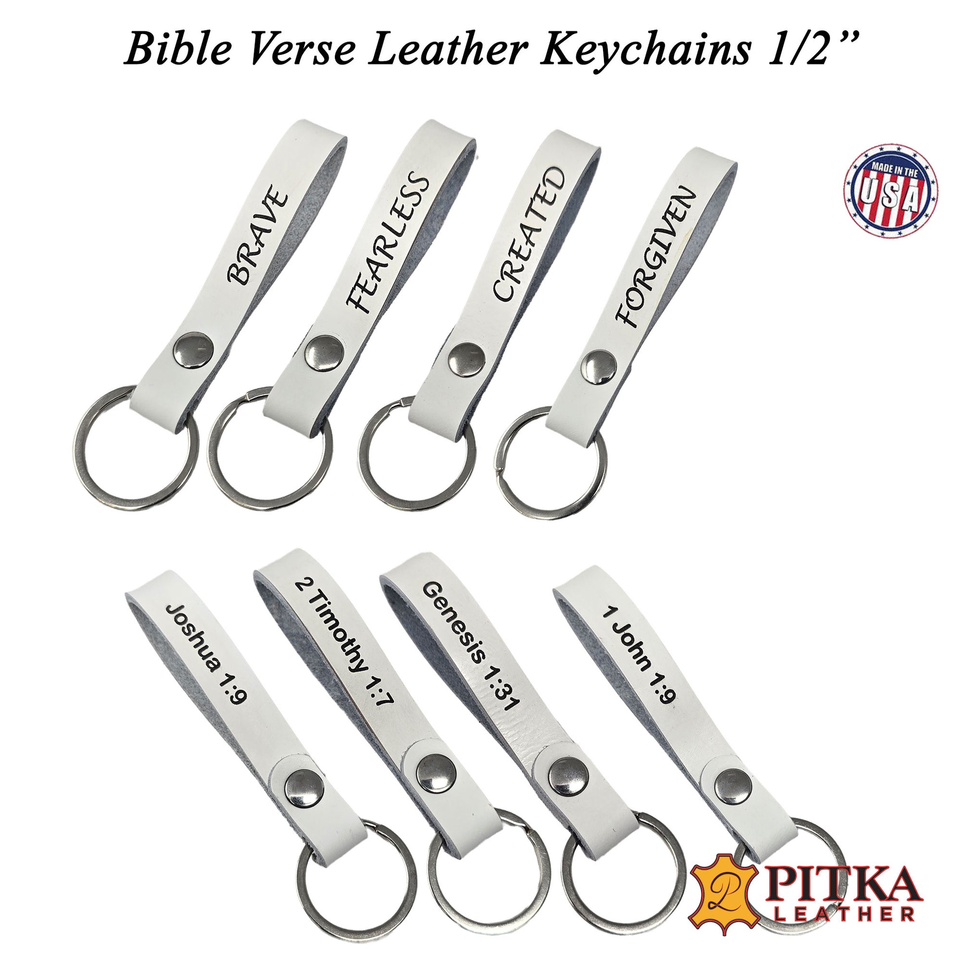 White Leather lkeychains 1-2 inch laser engraved with uplifting words