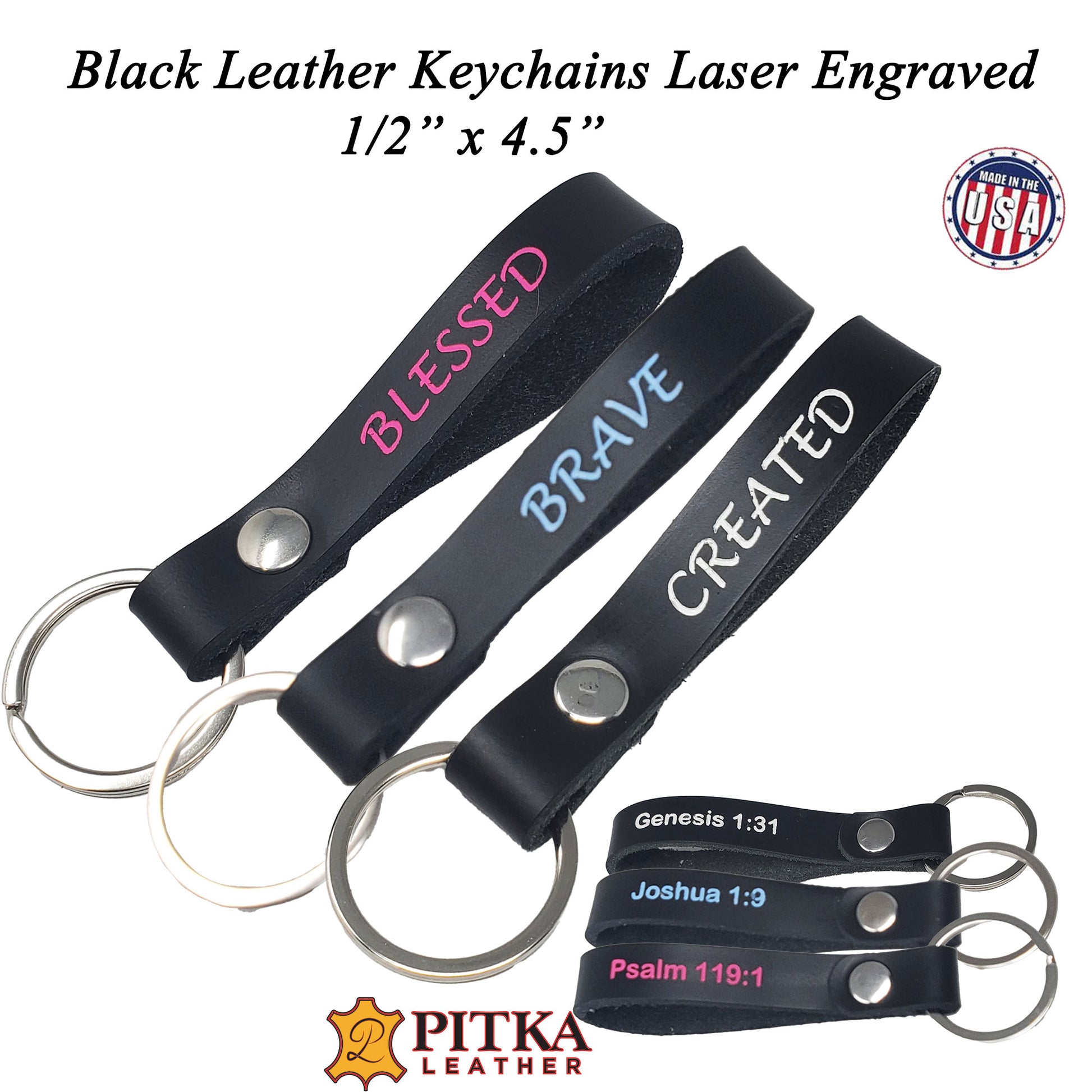 Black leather keychains half inch wide laser engraved in color.