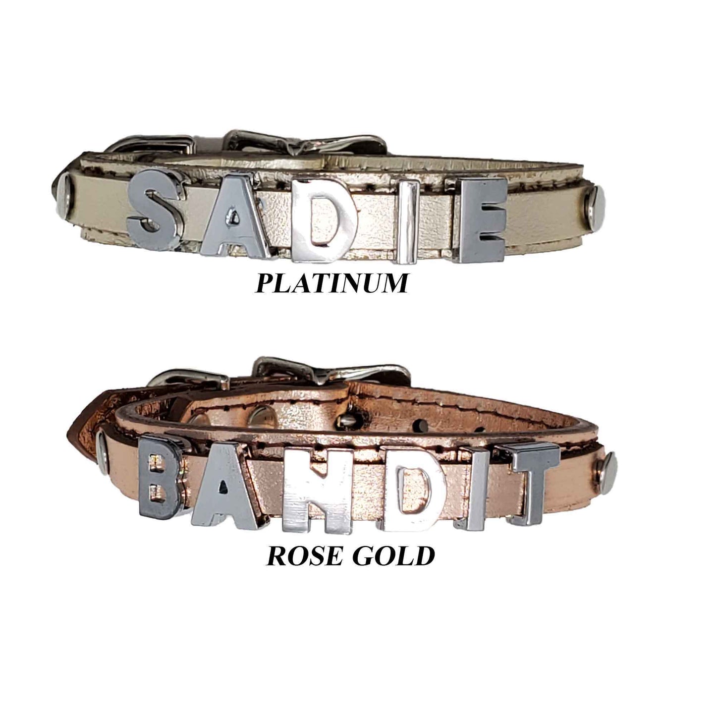 1/2" Luxury Metallic Leather Dog Collar with Slide-on Letters