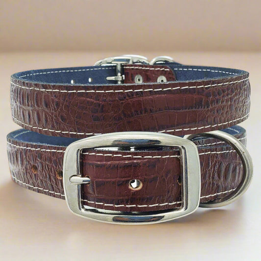 Brown Croco leather dog collar in large size, crafted for strength and style, perfect for powerful dog breeds.