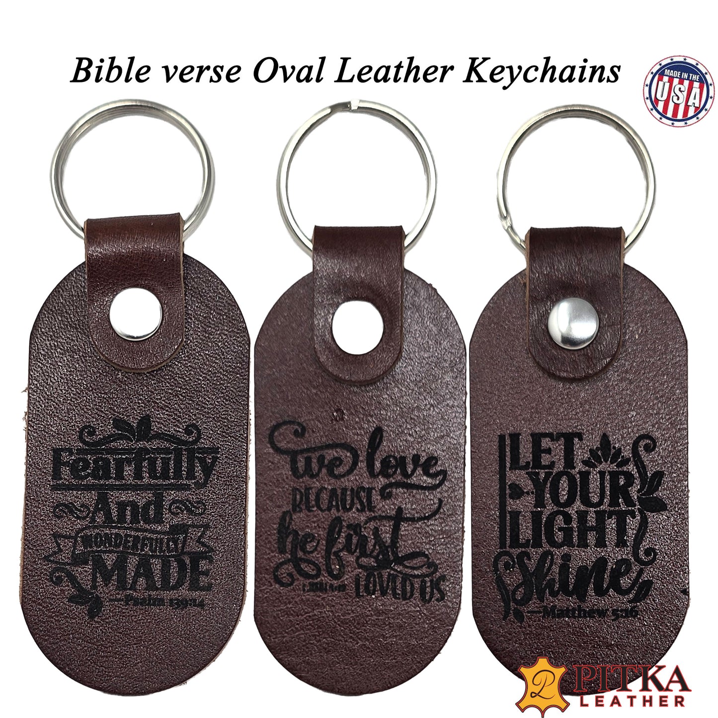 Dark brown leather keyrings laser engraved with popular bible verses