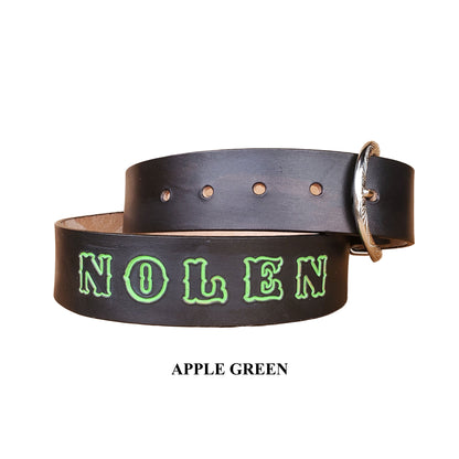 Man's leather belt personalized with name in colored standard font