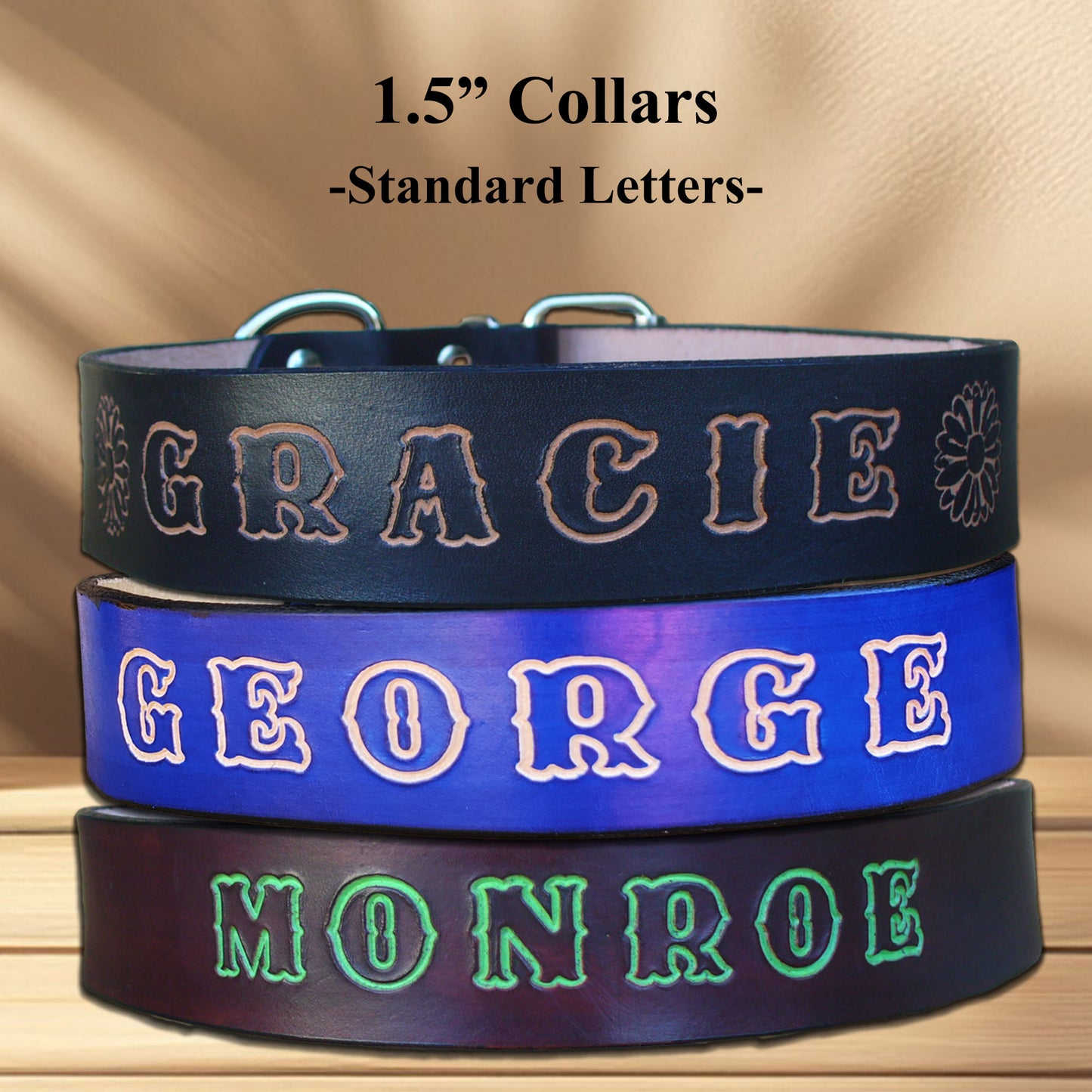 Extra Large leather dog collars with a personalized name imprint, ideal for large and extra-large dog breeds.