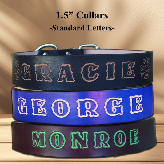 Extra Large leather dog collars with a personalized name imprint, ideal for large and extra-large dog breeds.