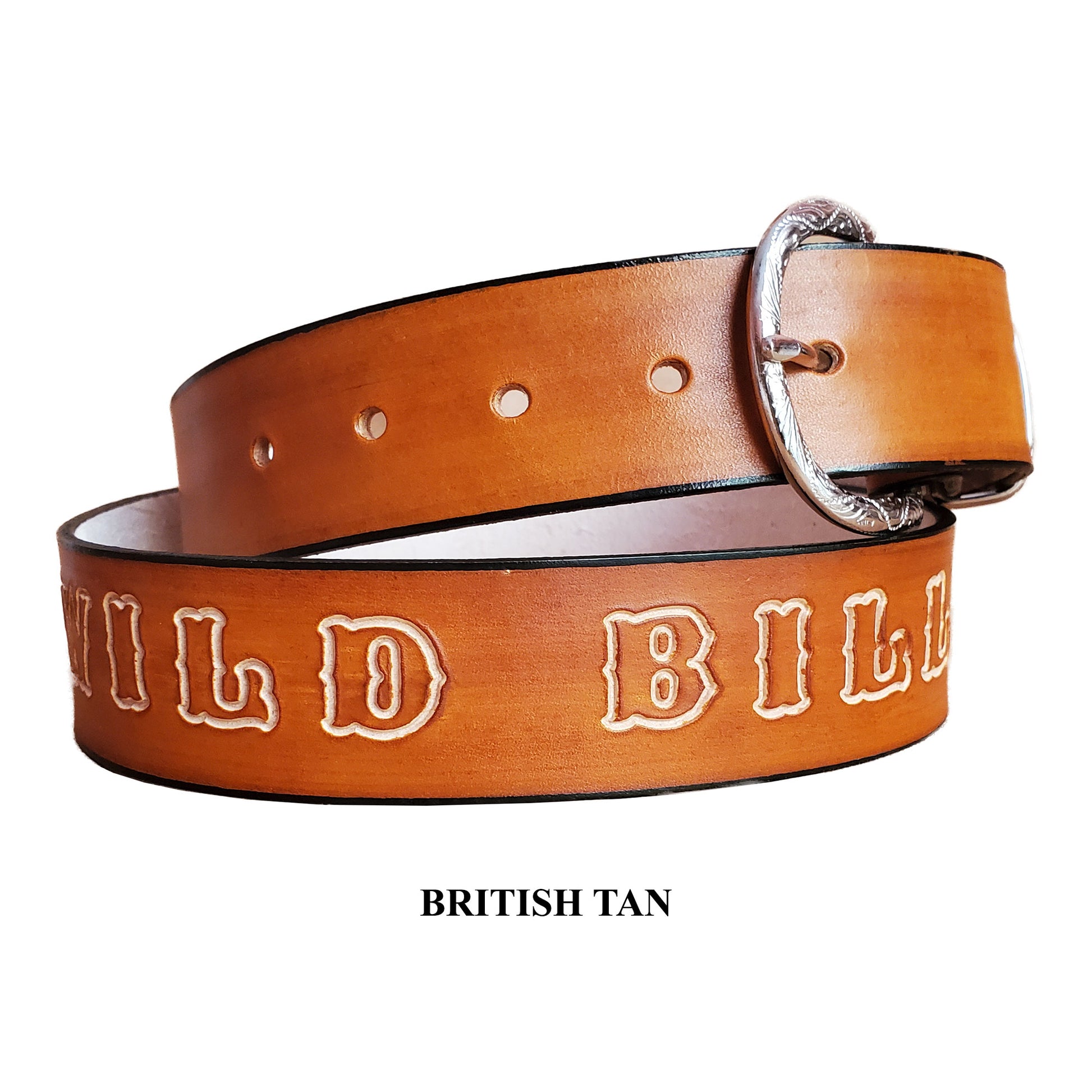 Custom made leather belt personalized with name-british Tan color