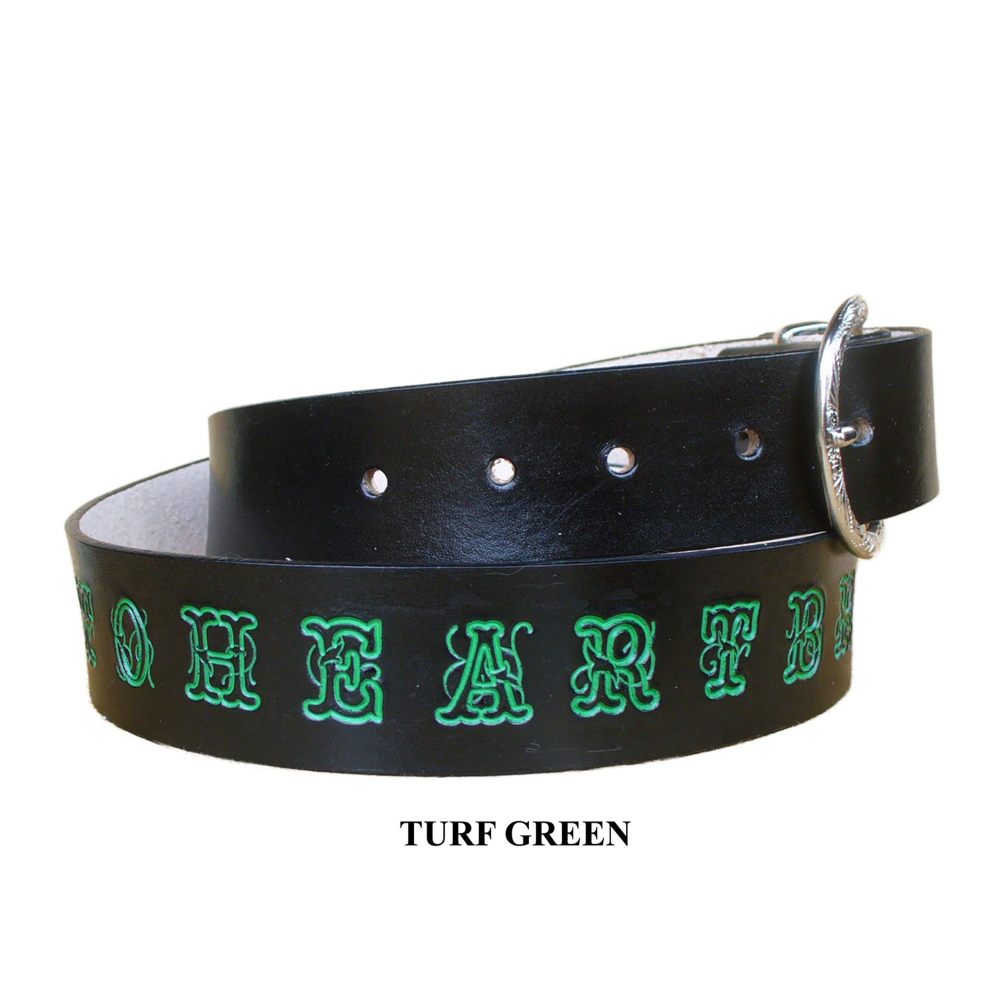 Custom name black leather belt ersonalized with script colored letters