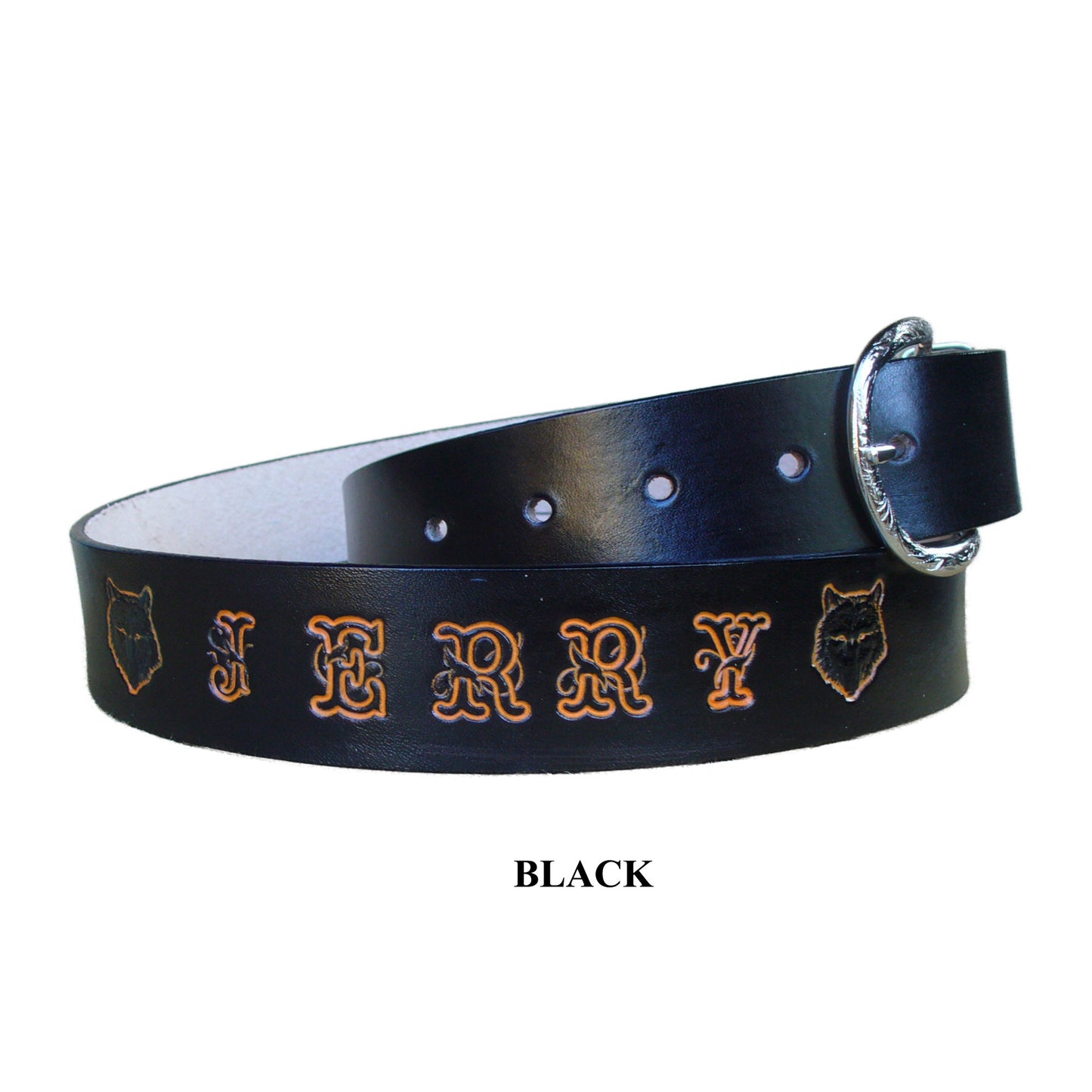 Black leather belt personalized with your name in colored script letters