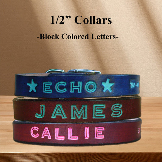 Puppy leather dog collars hand stamped with a pet’s name and with or without phone number.