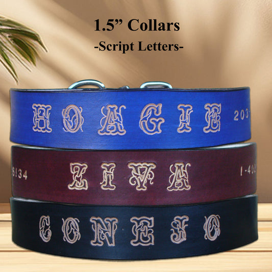 Close-up of a heavy-duty personalized leather dog collar for extra-large dogs, hand-stamped with a name and charms, made from vegetable-tanned leather