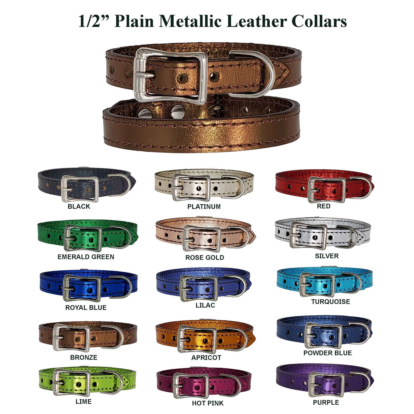 1/2" Premium Metallic Leather Puppy Collar for Real Comfort