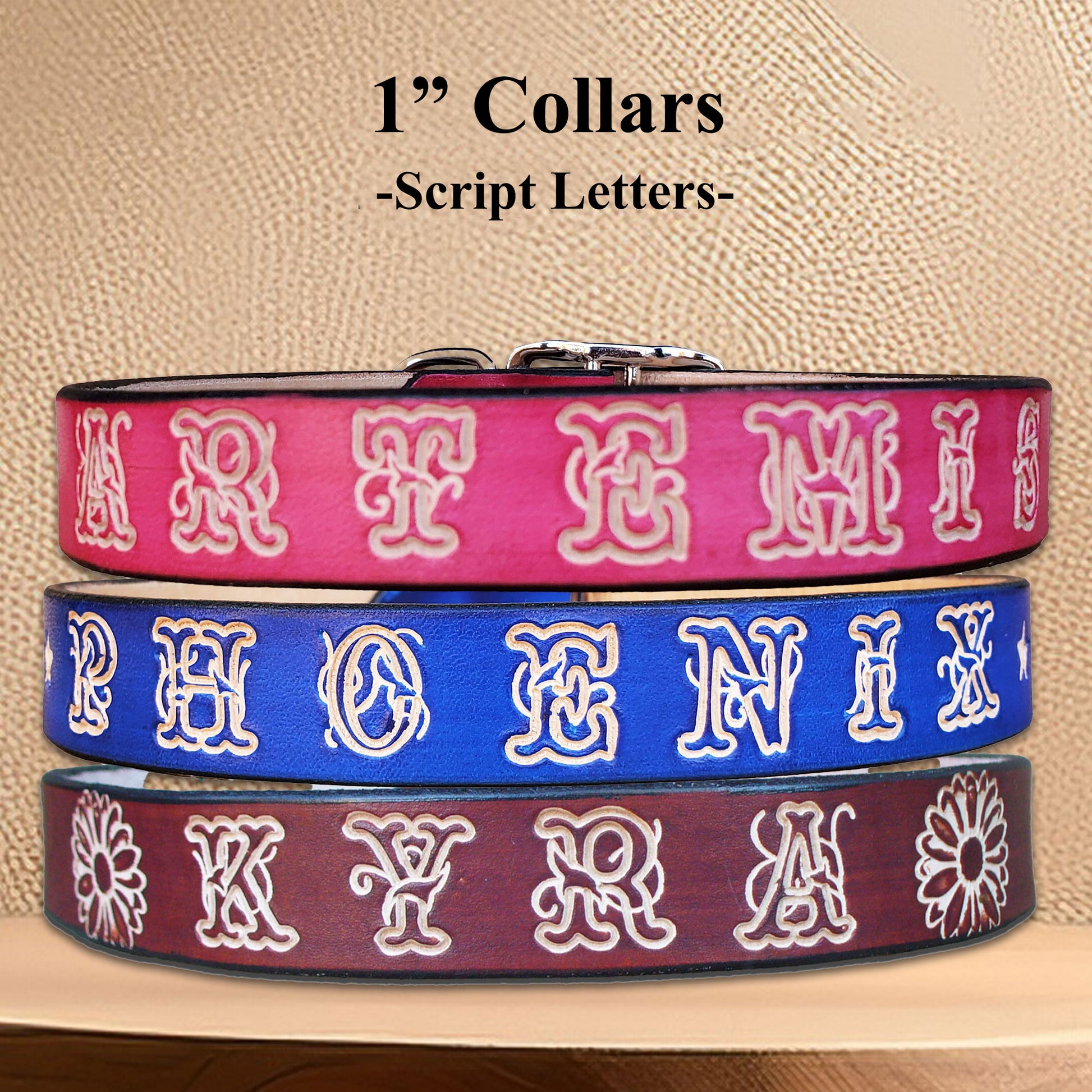 Group view of a vegetable-tanned leather dog collars with hand-stamped customization, made in the USA and built to last.