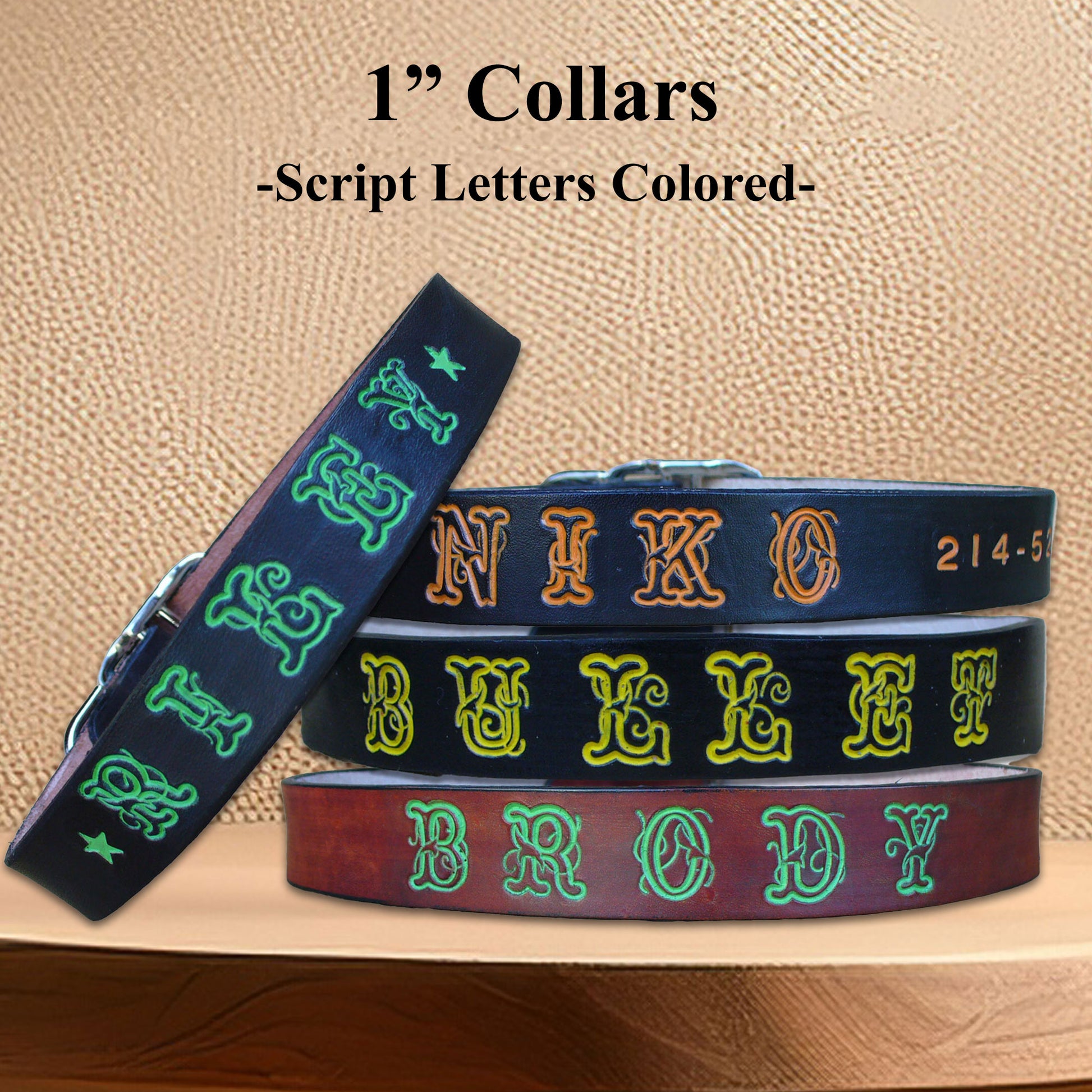 Handcrafted personalized leather dog collars for large breeds, showcasing hand-stamped lettering and natural leather texture.