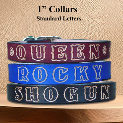 Close-up of a heavy-duty personalized leather dog collars for large dogs, hand-stamped with a name and charms, made from vegetable-tanned leather.