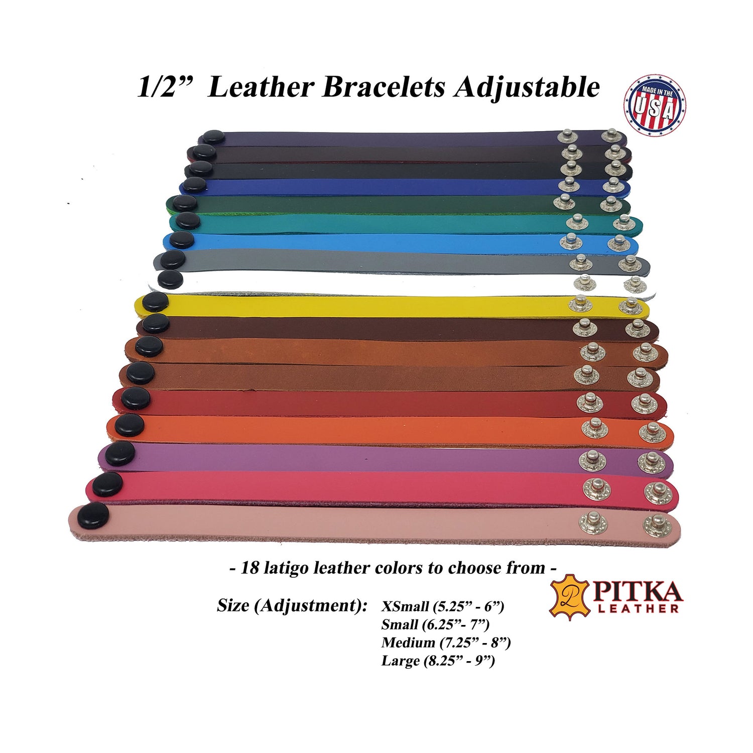 Adjustable Leather Bracelets  1/2" Available in 18 Colors