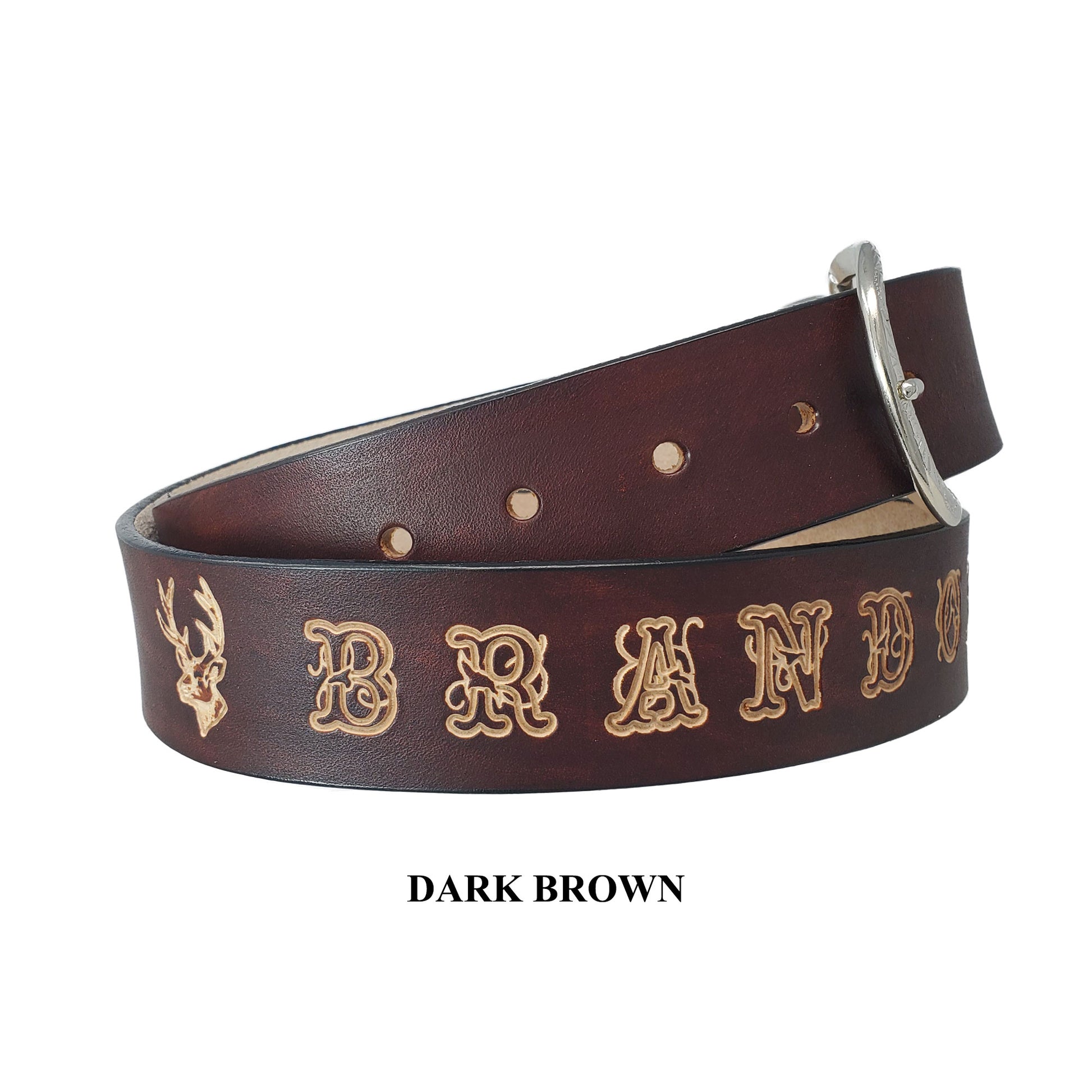 Brown leather belt personalized with name in script lettering