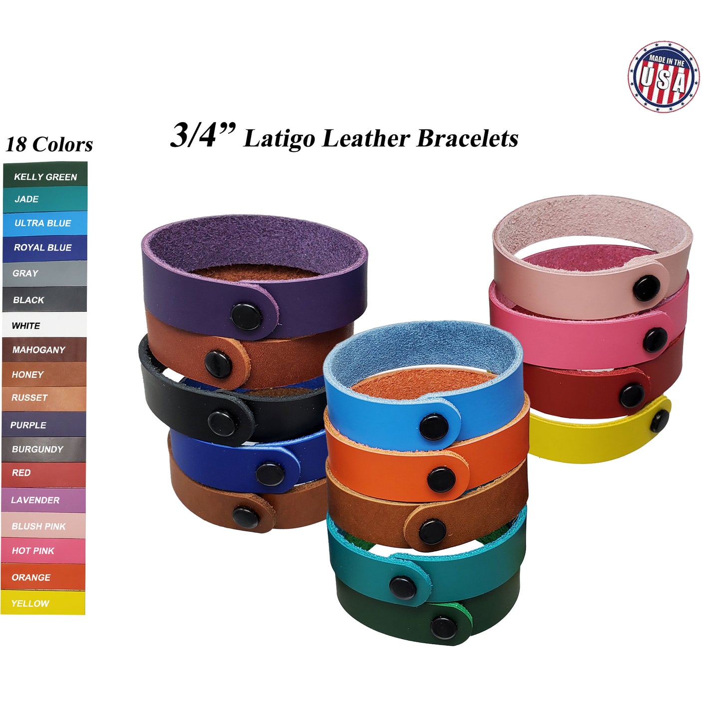 Leather Bracelets 3/4"  available in 18 bright leather colors - Engraving ready