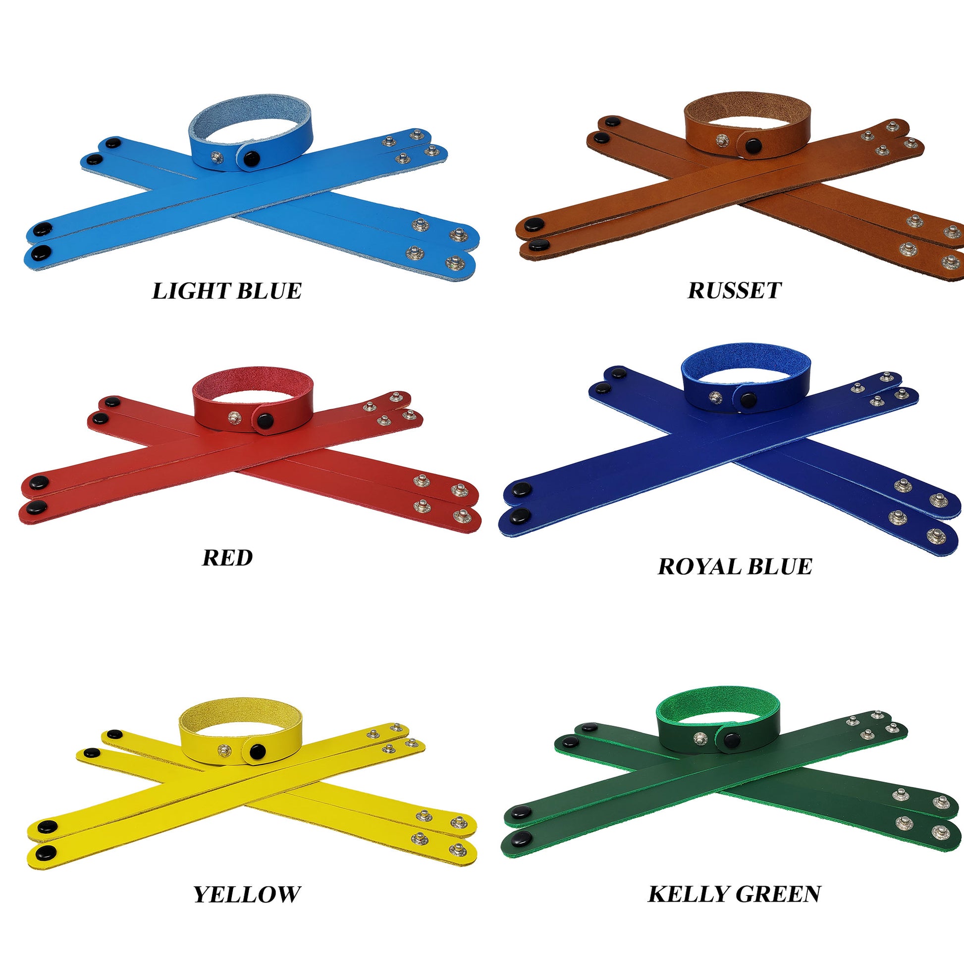 Adjustable bracelets, 3/4 inch wide in various leather colors. The bracelets feature a smooth surface suitable for customization.