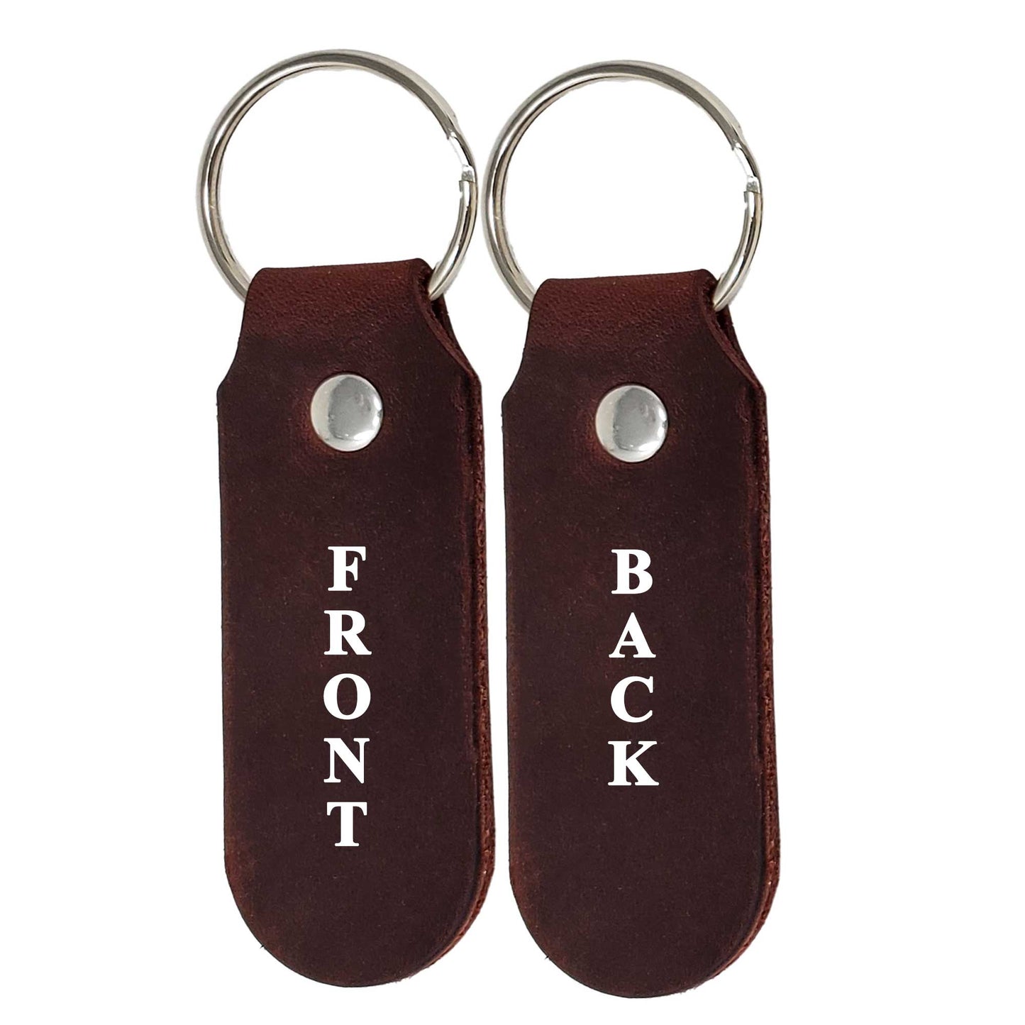 Front and back of burgundy leather keychain 2 sided. Blank double-sided leather keychains, high-quality and customizable.