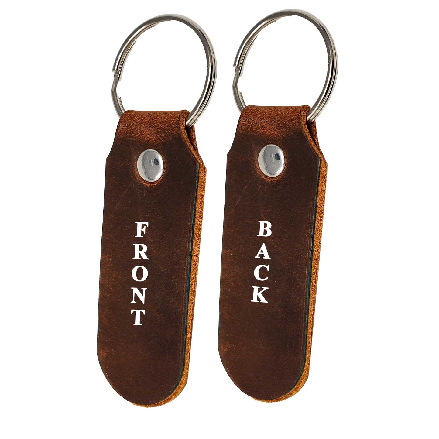 Dark Brown double-sided leather keychains, high-quality and customizable on both sides.