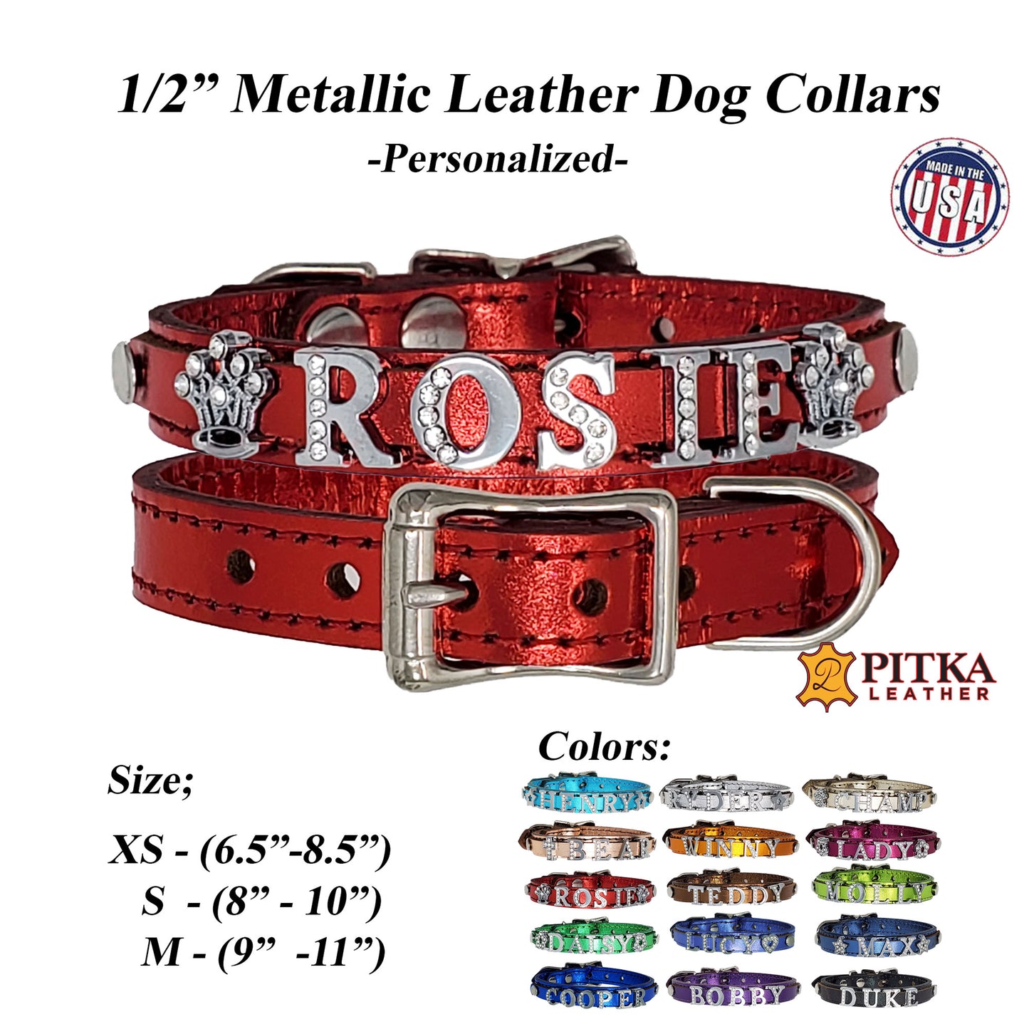 1/2" Personalized Metallic Dog Collar with Rhinestone Letters