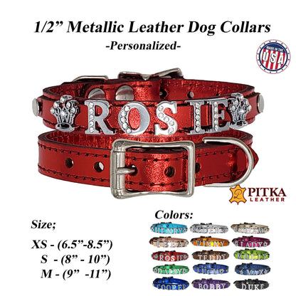 1/2" Personalized Metallic Dog Collar with Rhinestone Letters