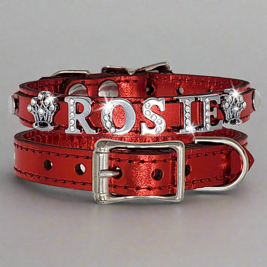 1/2" Personalized Metallic Dog Collar with Rhinestone Letters