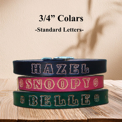 Medium-sized custom leather dog collars, featuring engraved name and burnished edges for comfort.