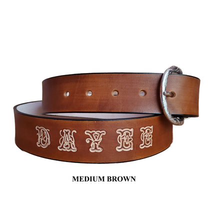 Men's leather belt personalized with name in script letters